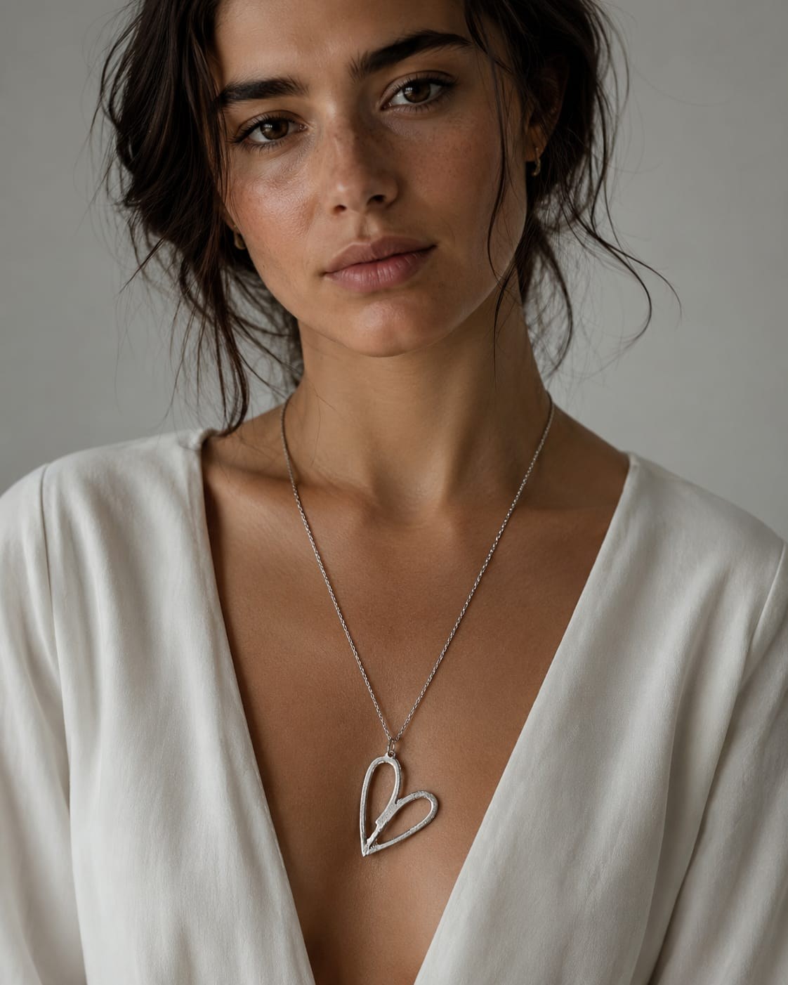 Ragazza che indossa la collana Cuore Sospeso di No War Factory, in alluminio fuso a mano.